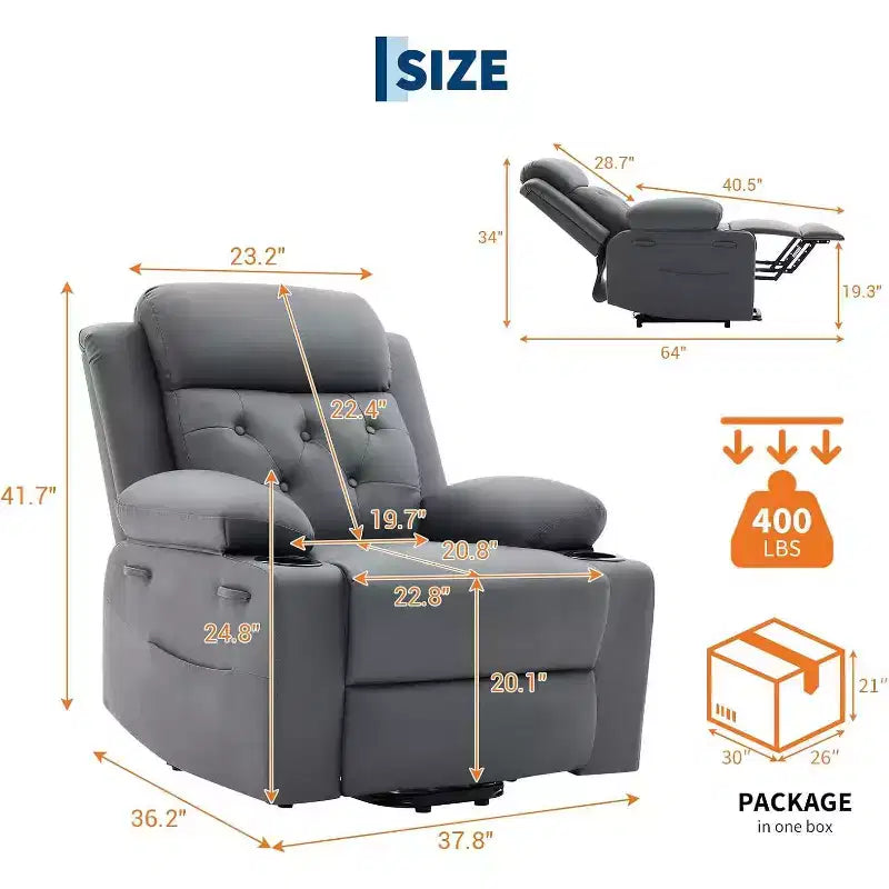 Fauteuil inclinable confortable en velours côtelé, fauteuil inclinable releveur surdimensionné en cuir PU, design réglable, poches latérales, deux porte-gobelets, pour salon, chambre à coucher