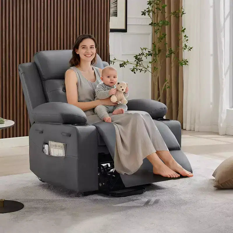 Fauteuil inclinable confortable en velours côtelé, fauteuil inclinable releveur surdimensionné en cuir PU, design réglable, poches latérales, deux porte-gobelets, pour salon, chambre à coucher