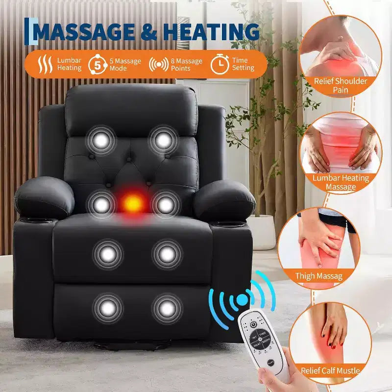 Fauteuil inclinable confortable en velours côtelé, fauteuil inclinable releveur surdimensionné en cuir PU, design réglable, poches latérales, deux porte-gobelets, pour salon, chambre à coucher