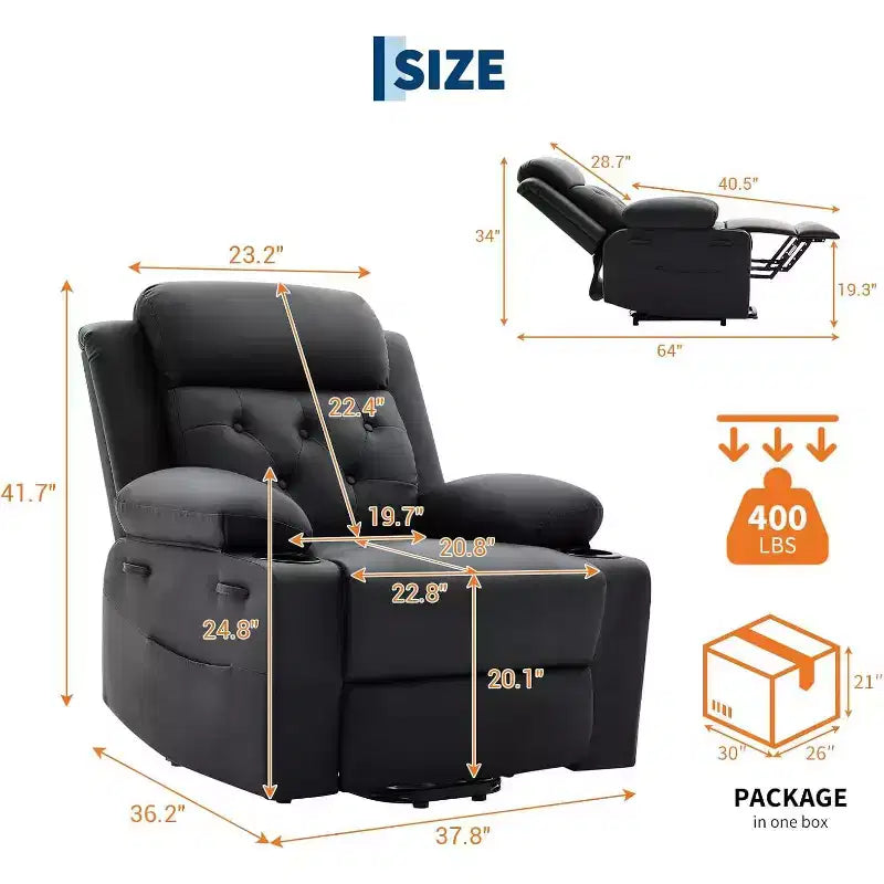 Fauteuil inclinable confortable en velours côtelé, fauteuil inclinable releveur surdimensionné en cuir PU, design réglable, poches latérales, deux porte-gobelets, pour salon, chambre à coucher