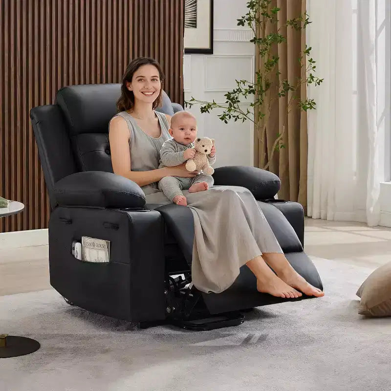 Fauteuil inclinable confortable en velours côtelé, fauteuil inclinable releveur surdimensionné en cuir PU, design réglable, poches latérales, deux porte-gobelets, pour salon, chambre à coucher