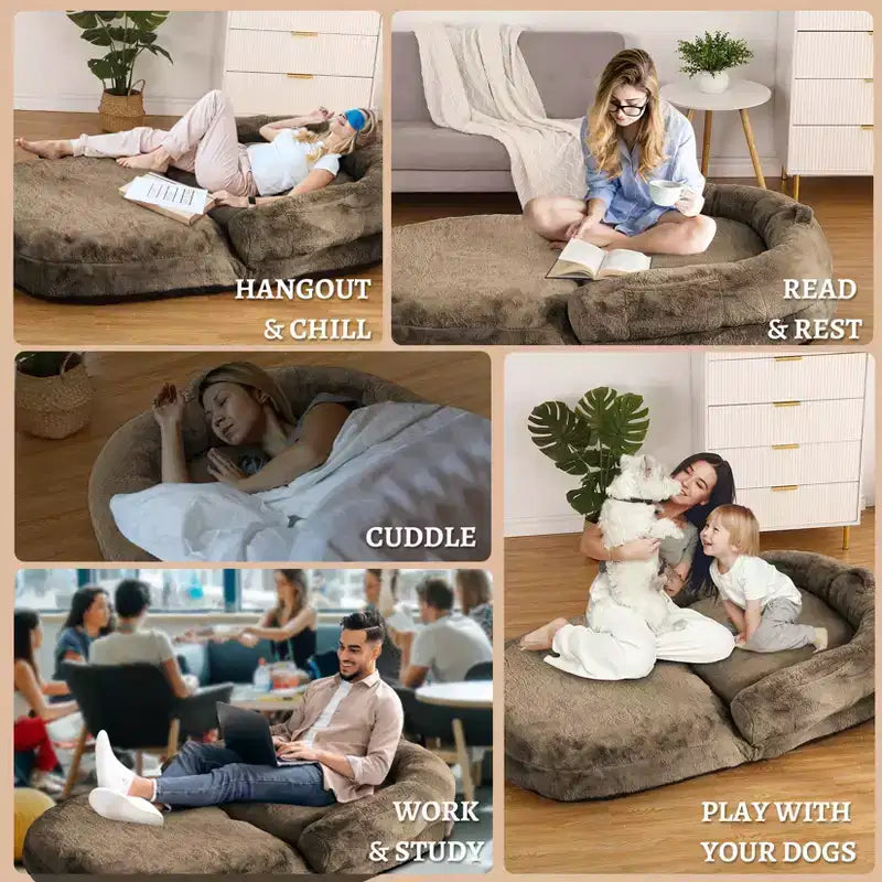 Lit pour chien confortable de taille humaine, lit de canapé moelleux en fausse fourrure, grand lit pour chien, housse amovible, pour lire et faire la sieste