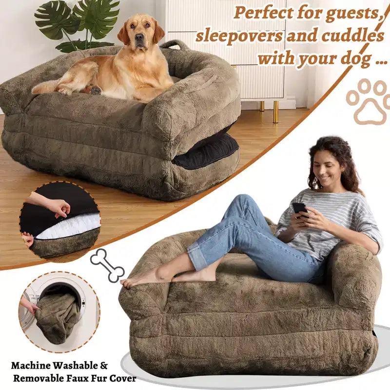 Lit pour chien confortable de taille humaine, lit de canapé moelleux en fausse fourrure, grand lit pour chien, housse amovible, pour lire et faire la sieste
