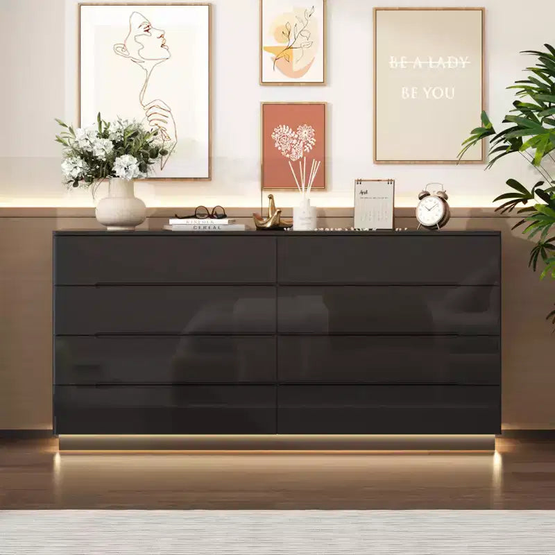 Commode moderne 8 tiroirs avec éclairage LED intégré, finition brillante et polyvalence multi-pièces, Meuble de rangement, Organisateur élégant pour la maison