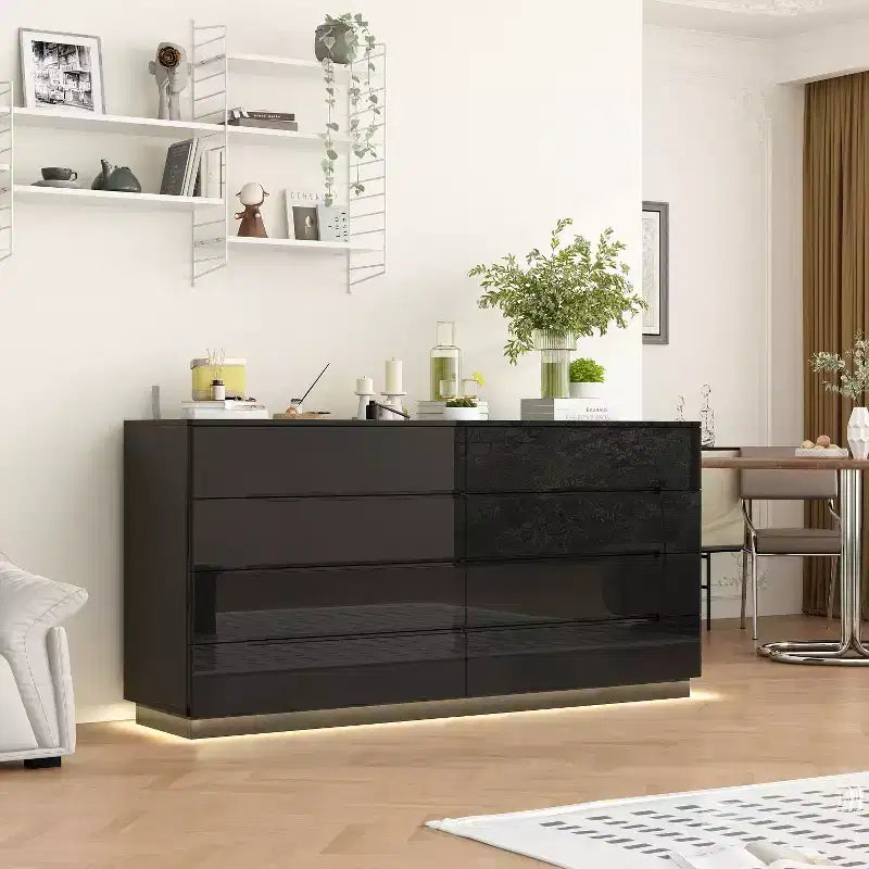 Commode moderne 8 tiroirs avec éclairage LED intégré, finition brillante et polyvalence multi-pièces, Meuble de rangement, Organisateur élégant pour la maison