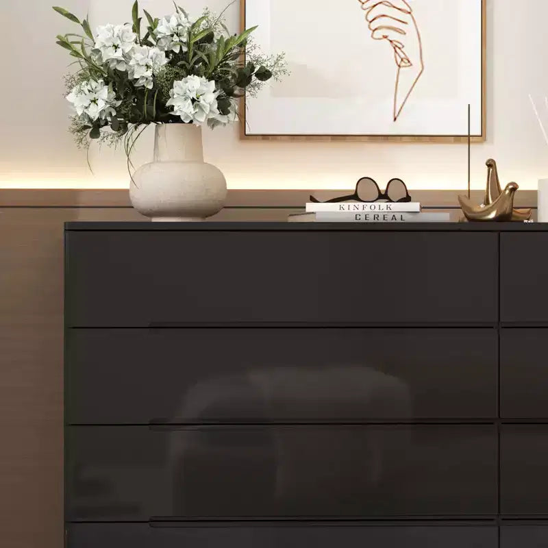 Commode moderne 8 tiroirs avec éclairage LED intégré, finition brillante et polyvalence multi-pièces, Meuble de rangement, Organisateur élégant pour la maison