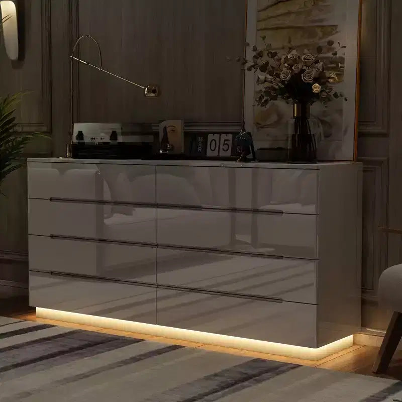 Commode moderne 8 tiroirs avec éclairage LED intégré, finition brillante et polyvalence multi-pièces, Meuble de rangement, Organisateur élégant pour la maison