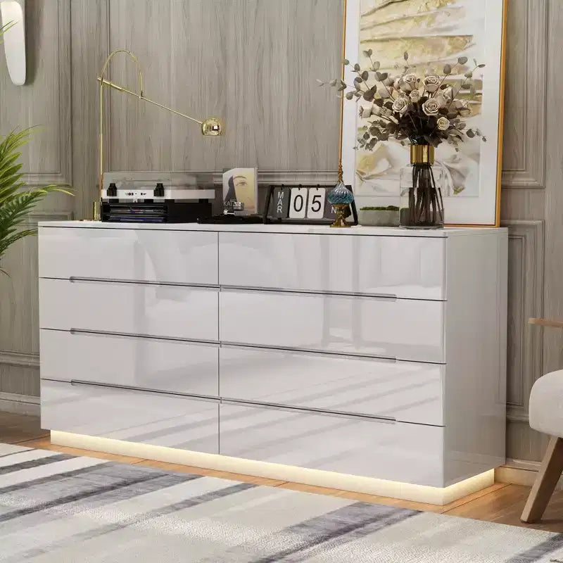 Commode moderne 8 tiroirs avec éclairage LED intégré, finition brillante et polyvalence multi-pièces, Meuble de rangement, Organisateur élégant pour la maison