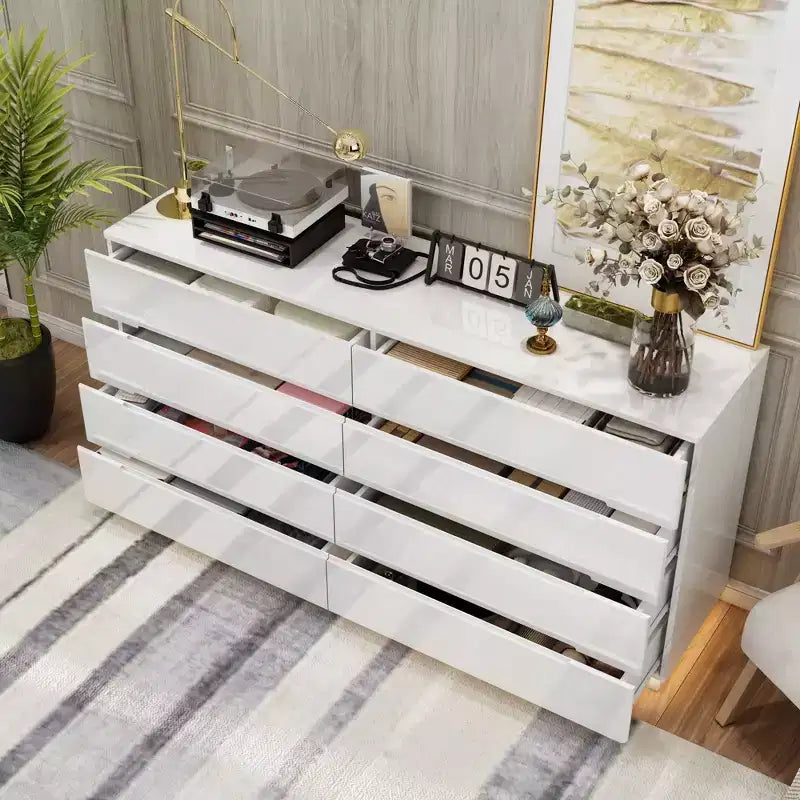 Commode moderne 8 tiroirs avec éclairage LED intégré, finition brillante et polyvalence multi-pièces, Meuble de rangement, Organisateur élégant pour la maison