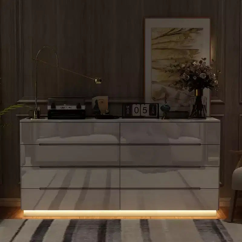 Commode moderne 8 tiroirs avec éclairage LED intégré, finition brillante et polyvalence multi-pièces, Meuble de rangement, Organisateur élégant pour la maison