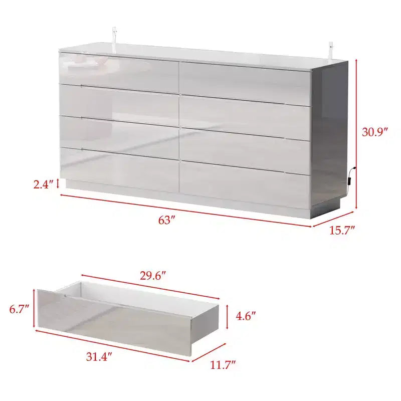 Commode moderne 8 tiroirs avec éclairage LED intégré, finition brillante et polyvalence multi-pièces, Meuble de rangement, Organisateur élégant pour la maison