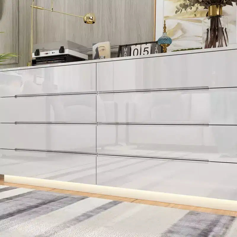 Commode moderne 8 tiroirs avec éclairage LED intégré, finition brillante et polyvalence multi-pièces, Meuble de rangement, Organisateur élégant pour la maison