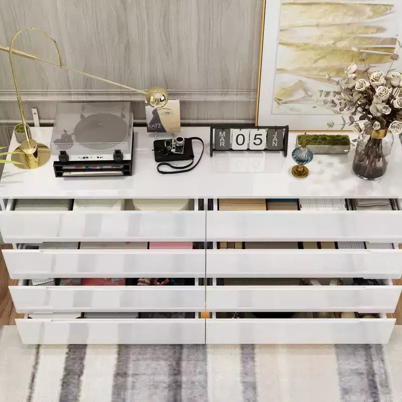 Commode moderne 8 tiroirs avec éclairage LED intégré, finition brillante et polyvalence multi-pièces, Meuble de rangement, Organisateur élégant pour la maison