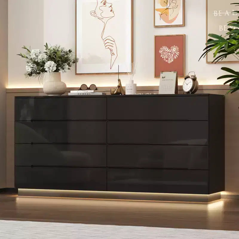 Commode moderne 8 tiroirs avec éclairage LED intégré, finition brillante et polyvalence multi-pièces, Meuble de rangement, Organisateur élégant pour la maison