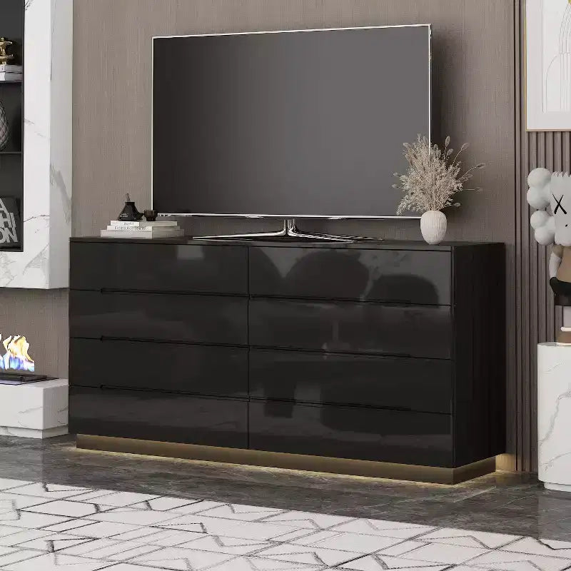 Commode moderne 8 tiroirs avec éclairage LED intégré, finition brillante et polyvalence multi-pièces, Meuble de rangement, Organisateur élégant pour la maison
