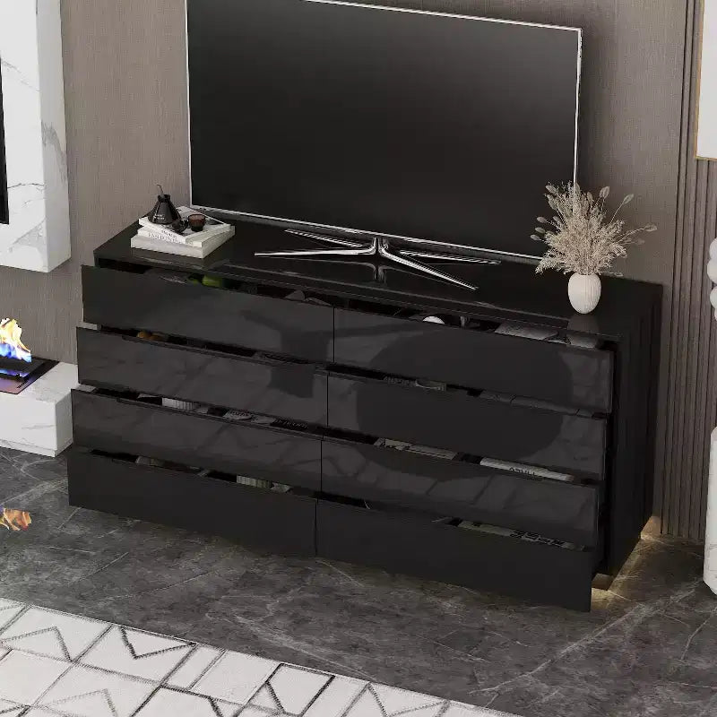 Commode moderne 8 tiroirs avec éclairage LED intégré, finition brillante et polyvalence multi-pièces, Meuble de rangement, Organisateur élégant pour la maison