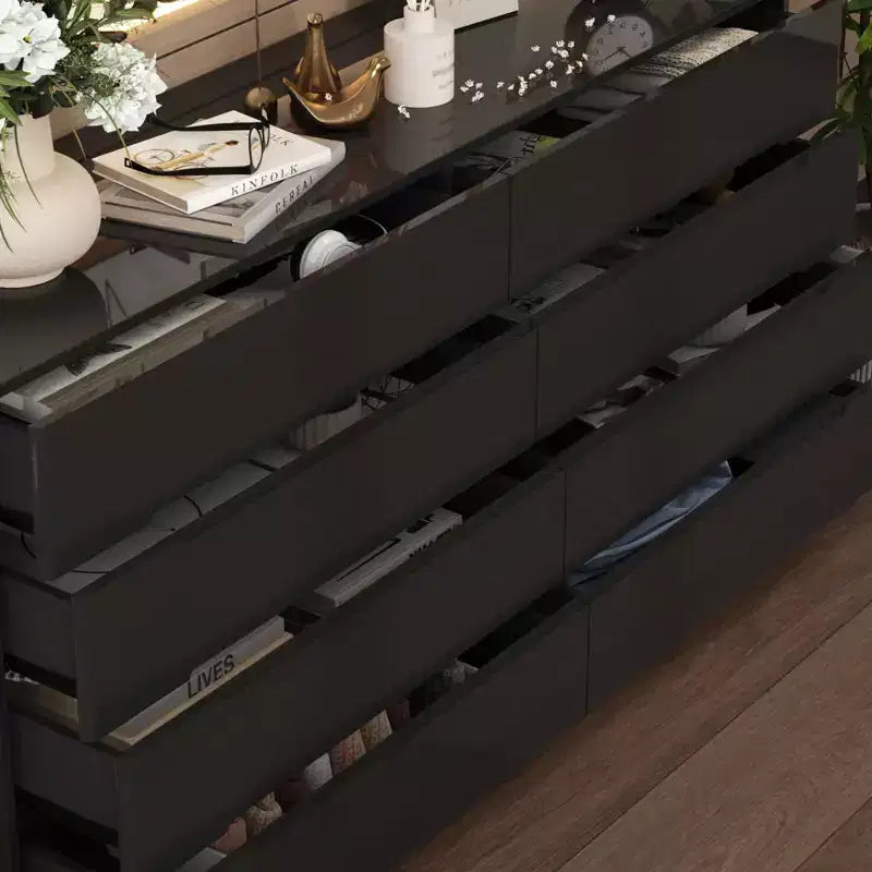 Commode moderne 8 tiroirs avec éclairage LED intégré, finition brillante et polyvalence multi-pièces, Meuble de rangement, Organisateur élégant pour la maison
