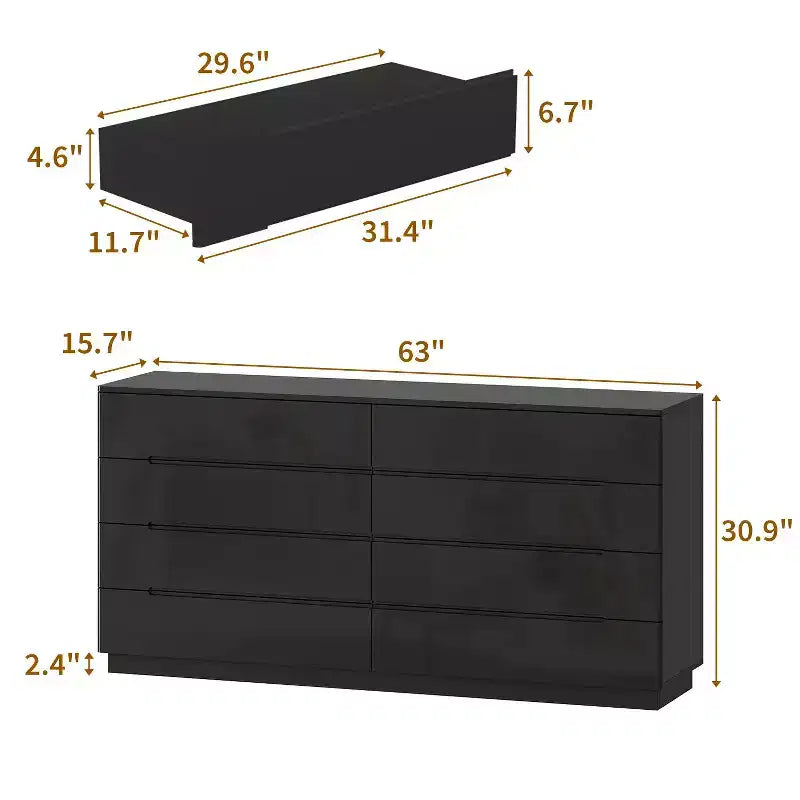Commode moderne 8 tiroirs avec éclairage LED intégré, finition brillante et polyvalence multi-pièces, Meuble de rangement, Organisateur élégant pour la maison