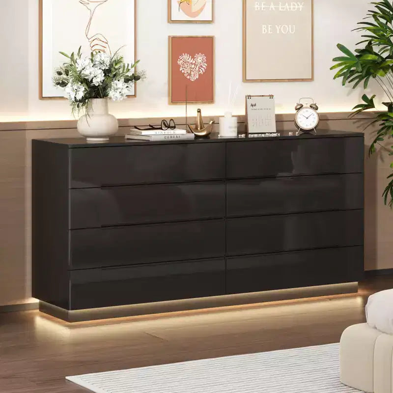 Commode moderne 8 tiroirs avec éclairage LED intégré, finition brillante et polyvalence multi-pièces, Meuble de rangement, Organisateur élégant pour la maison