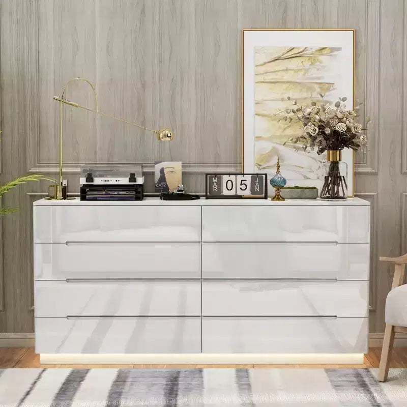 Commode moderne 8 tiroirs avec éclairage LED intégré, finition brillante et polyvalence multi-pièces, Meuble de rangement, Organisateur élégant pour la maison