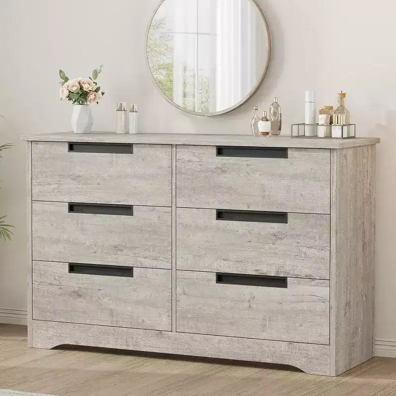 Embedded-handle design six-drawer cabinet, a space-saving compact storage unit ideal for living rooms and hallways.
