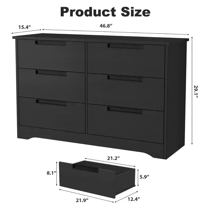 Commode six tiroirs à poignées intégrées, une unité de rangement compacte et peu encombrante, idéale pour les salons et les couloirs.