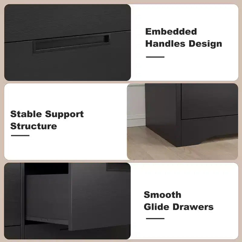 Commode six tiroirs à poignées intégrées, une unité de rangement compacte et peu encombrante, idéale pour les salons et les couloirs.