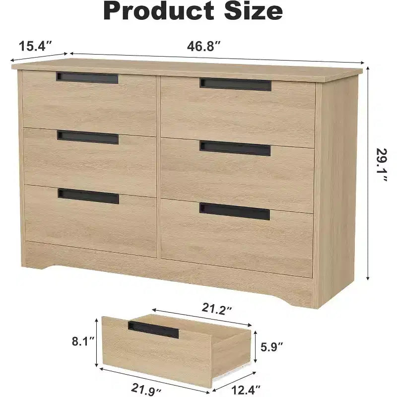 Commode six tiroirs à poignées intégrées, une unité de rangement compacte et peu encombrante, idéale pour les salons et les couloirs.