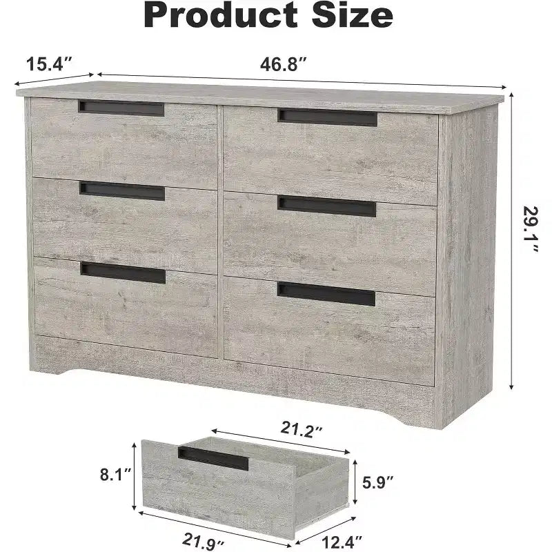 Commode six tiroirs à poignées intégrées, une unité de rangement compacte et peu encombrante, idéale pour les salons et les couloirs.