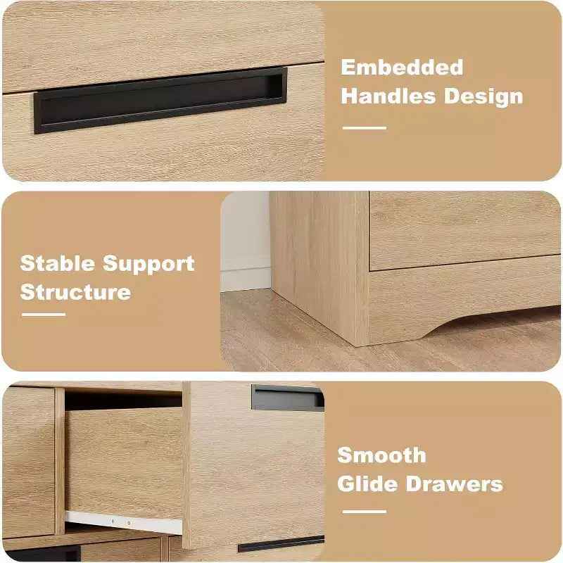 Commode six tiroirs à poignées intégrées, une unité de rangement compacte et peu encombrante, idéale pour les salons et les couloirs.
