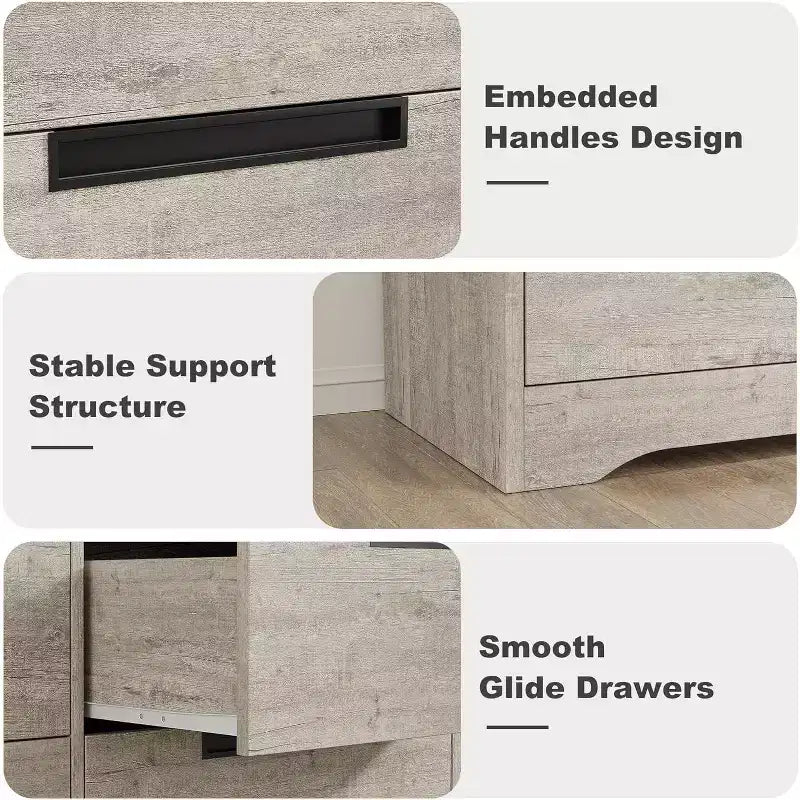 Commode six tiroirs à poignées intégrées, une unité de rangement compacte et peu encombrante, idéale pour les salons et les couloirs.