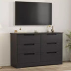Commode six tiroirs à poignées intégrées, une unité de rangement compacte et peu encombrante, idéale pour les salons et les couloirs.