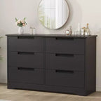 Commode six tiroirs à poignées intégrées, une unité de rangement compacte et peu encombrante, idéale pour les salons et les couloirs.