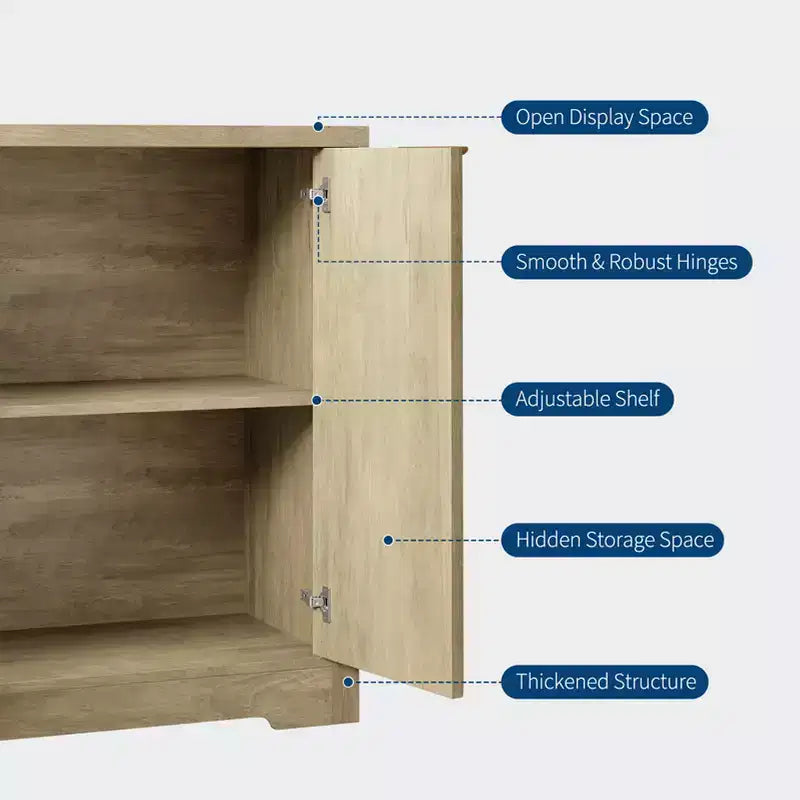 Buffet de rangement décoratif moderne avec détails rainurés, doté de portes et d'étagères. Fabriqué en bois, idéal pour les salons, les entrées