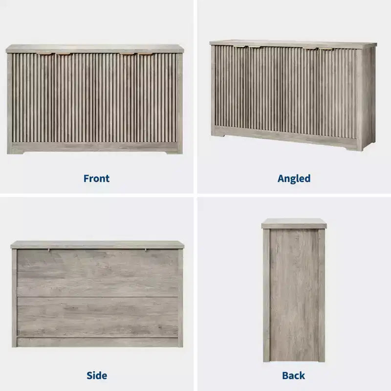 Buffet de rangement décoratif moderne avec détails rainurés, doté de portes et d'étagères. Fabriqué en bois, idéal pour les salons, les entrées