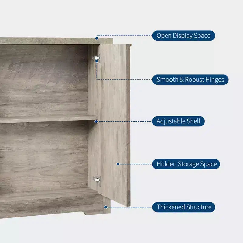 Buffet de rangement décoratif moderne avec détails rainurés, doté de portes et d'étagères. Fabriqué en bois, idéal pour les salons, les entrées