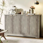 Modern decorative storage sideboard with grooved detailing, featuring doors and shelves. Crafted from wood, ideal for living rooms, entryways