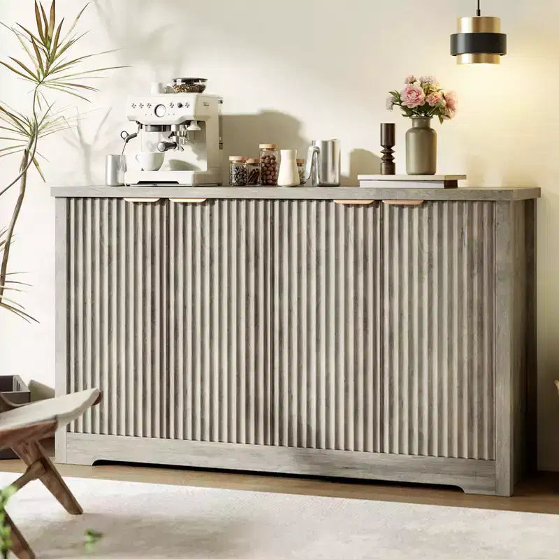 Modern decorative storage sideboard with grooved detailing, featuring doors and shelves. Crafted from wood, ideal for living rooms, entryways