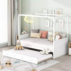Twin Canopy Bed with Trundle, Wooden Twin Size Daybed Frame, Twin Sofa Bed, Platform Bed Frame with 4 Poster, White
