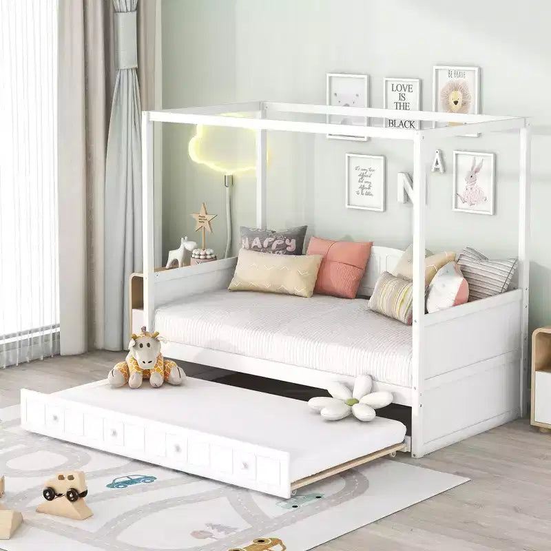 Twin Canopy Bed with Trundle, Wooden Twin Size Daybed Frame, Twin Sofa Bed, Platform Bed Frame with 4 Poster, White