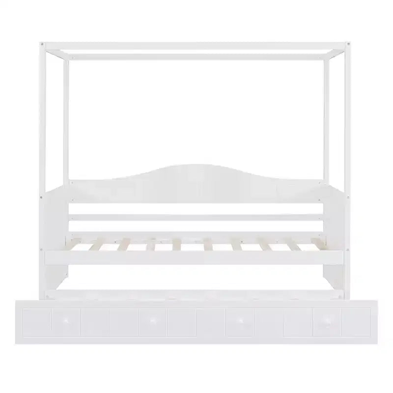 Lit baldaquin double avec lit gigogne, cadre de lit de repos double en bois, canapé-lit double, cadre de lit plateforme à 4 montants, blanc