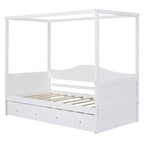 Lit baldaquin double avec lit gigogne, cadre de lit de repos double en bois, canapé-lit double, cadre de lit plateforme à 4 montants, blanc