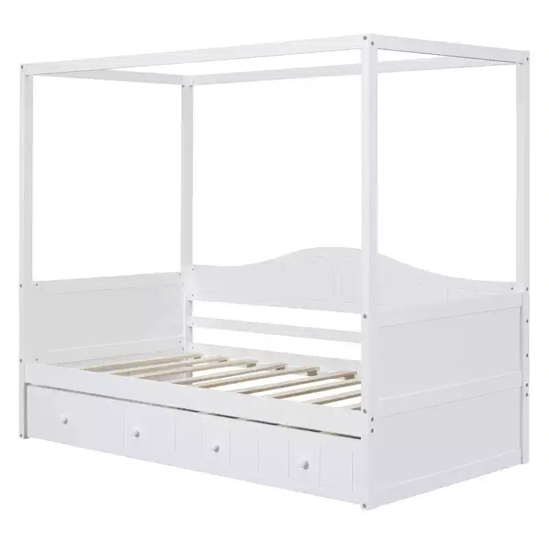 Lit baldaquin double avec lit gigogne, cadre de lit de repos double en bois, canapé-lit double, cadre de lit plateforme à 4 montants, blanc
