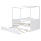 Lit baldaquin double avec lit gigogne, cadre de lit de repos double en bois, canapé-lit double, cadre de lit plateforme à 4 montants, blanc