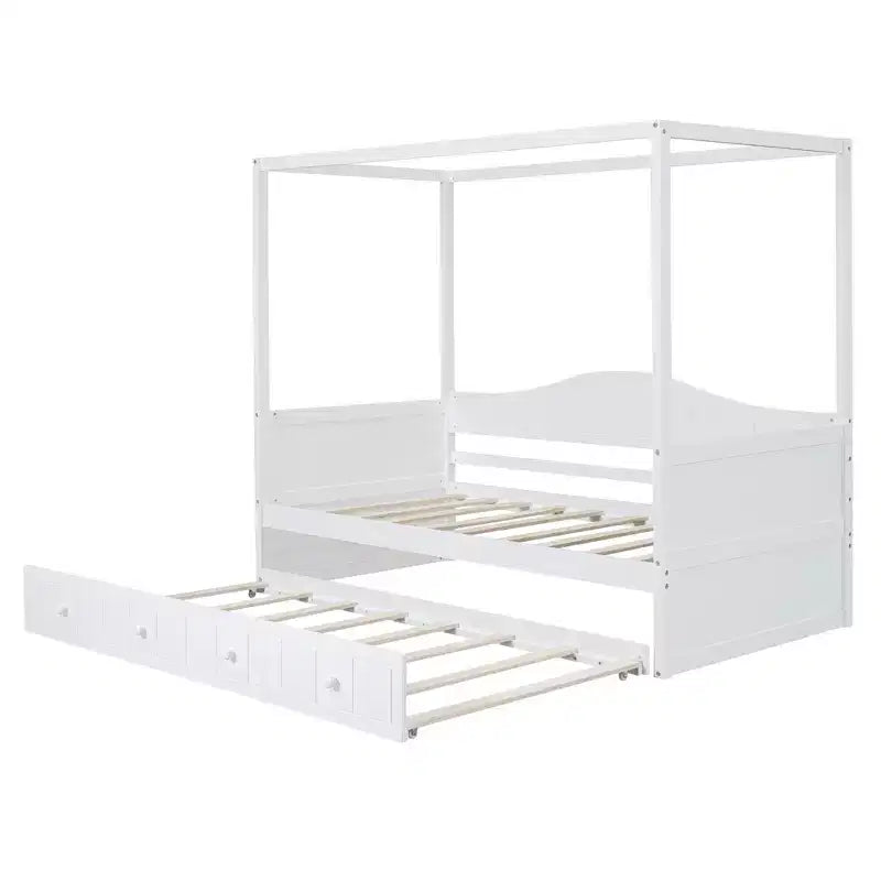 Lit baldaquin double avec lit gigogne, cadre de lit de repos double en bois, canapé-lit double, cadre de lit plateforme à 4 montants, blanc