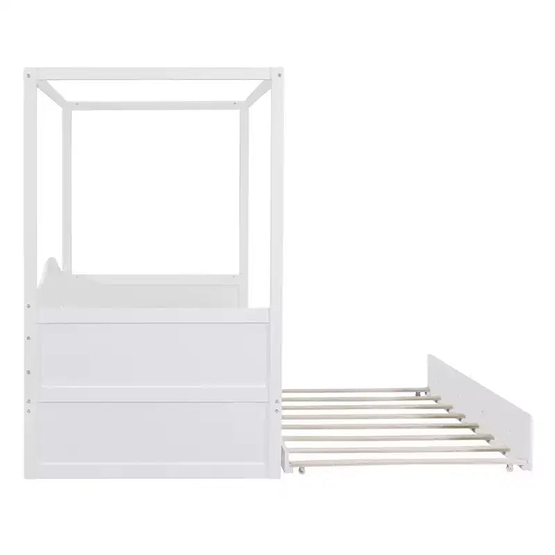 Lit baldaquin double avec lit gigogne, cadre de lit de repos double en bois, canapé-lit double, cadre de lit plateforme à 4 montants, blanc