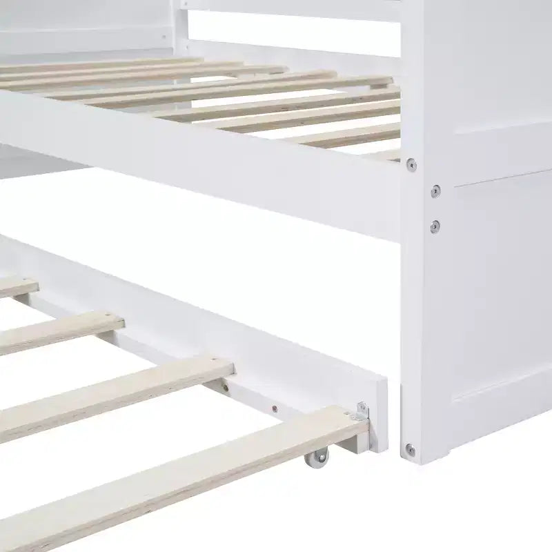 Lit baldaquin double avec lit gigogne, cadre de lit de repos double en bois, canapé-lit double, cadre de lit plateforme à 4 montants, blanc
