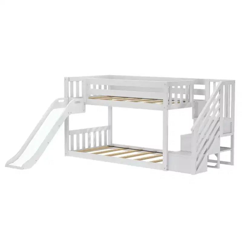 Lit superposé bas avec escalier, toboggan facile et rideau pompier