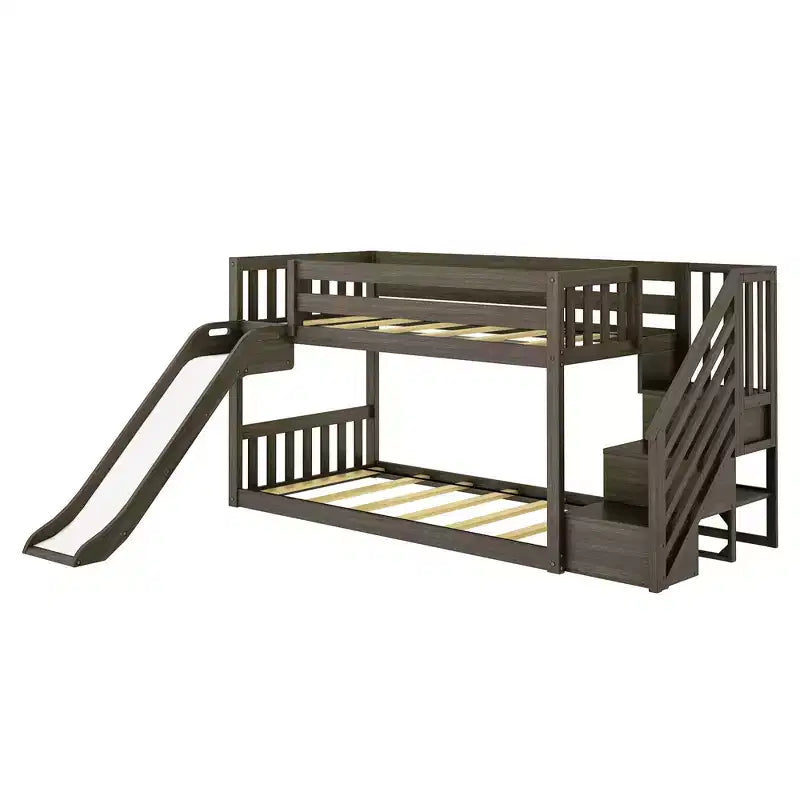 Lit superposé bas avec escalier, toboggan facile et rideau pompier