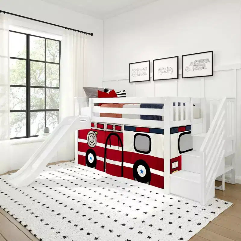Low Twin over Twin Bunk With Stairs, Easy Slide & Firetruck Curtain